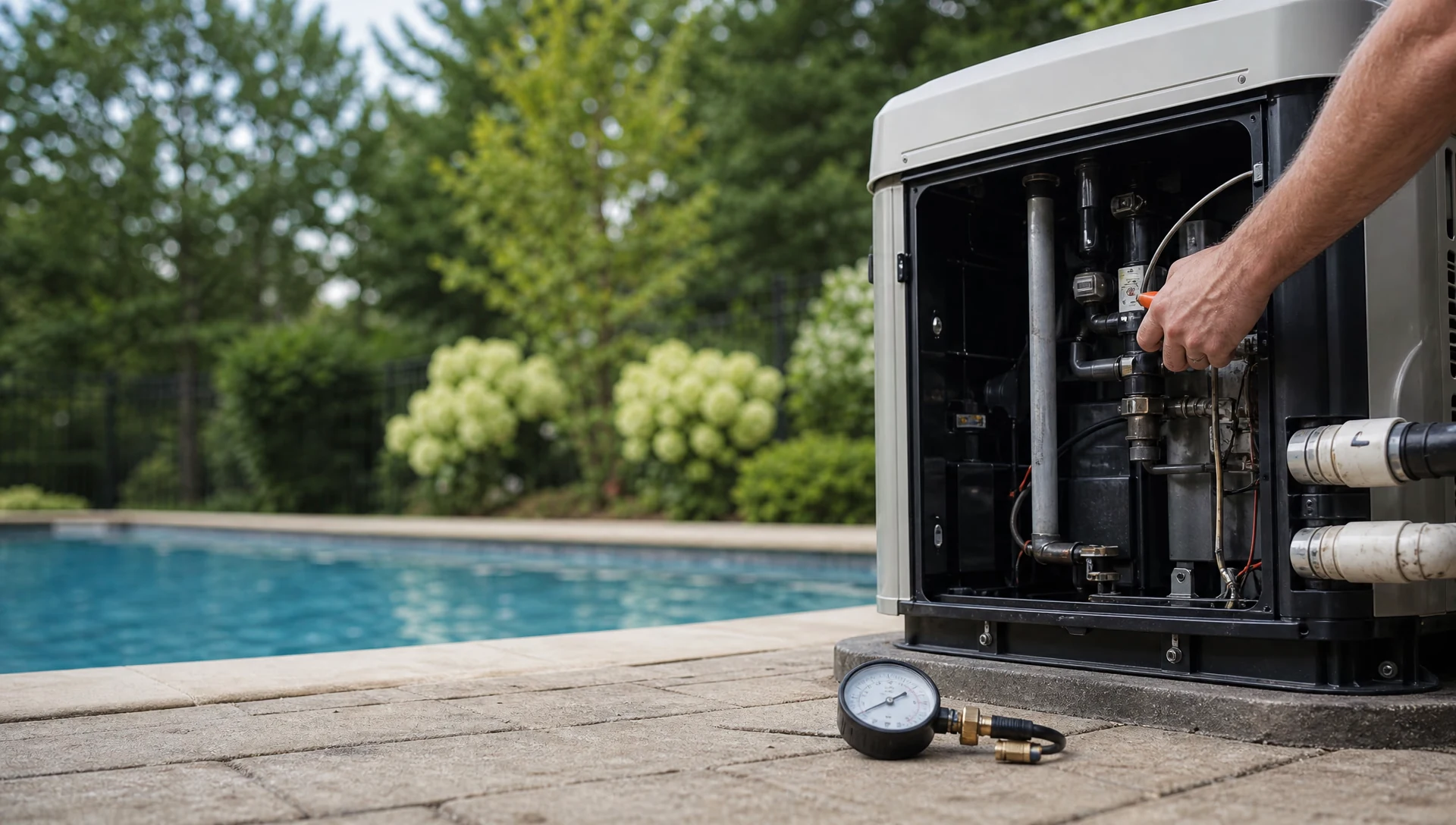A pool heater with its side panel removed for diagnosis
