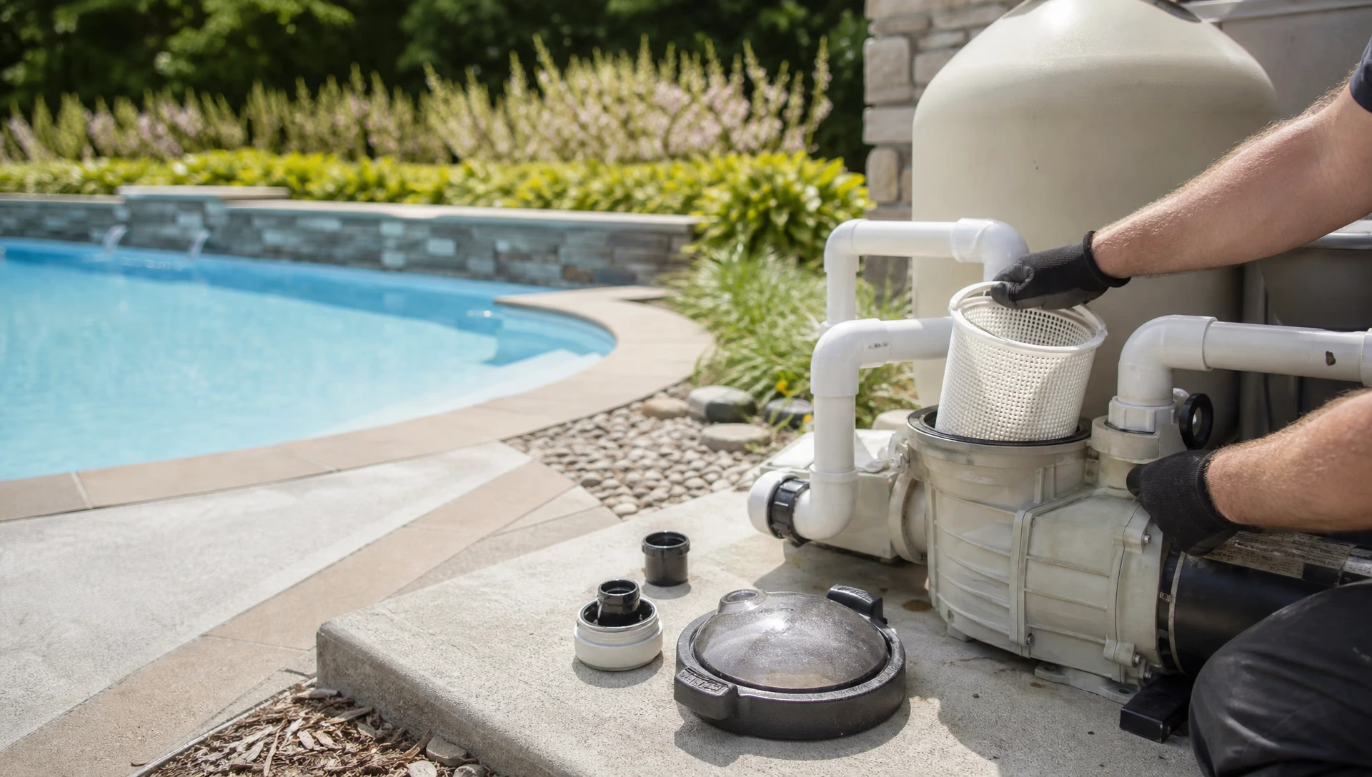 A pool equipment pad mid-seasonal-visit with plugs, basket and lid laid out on the concrete