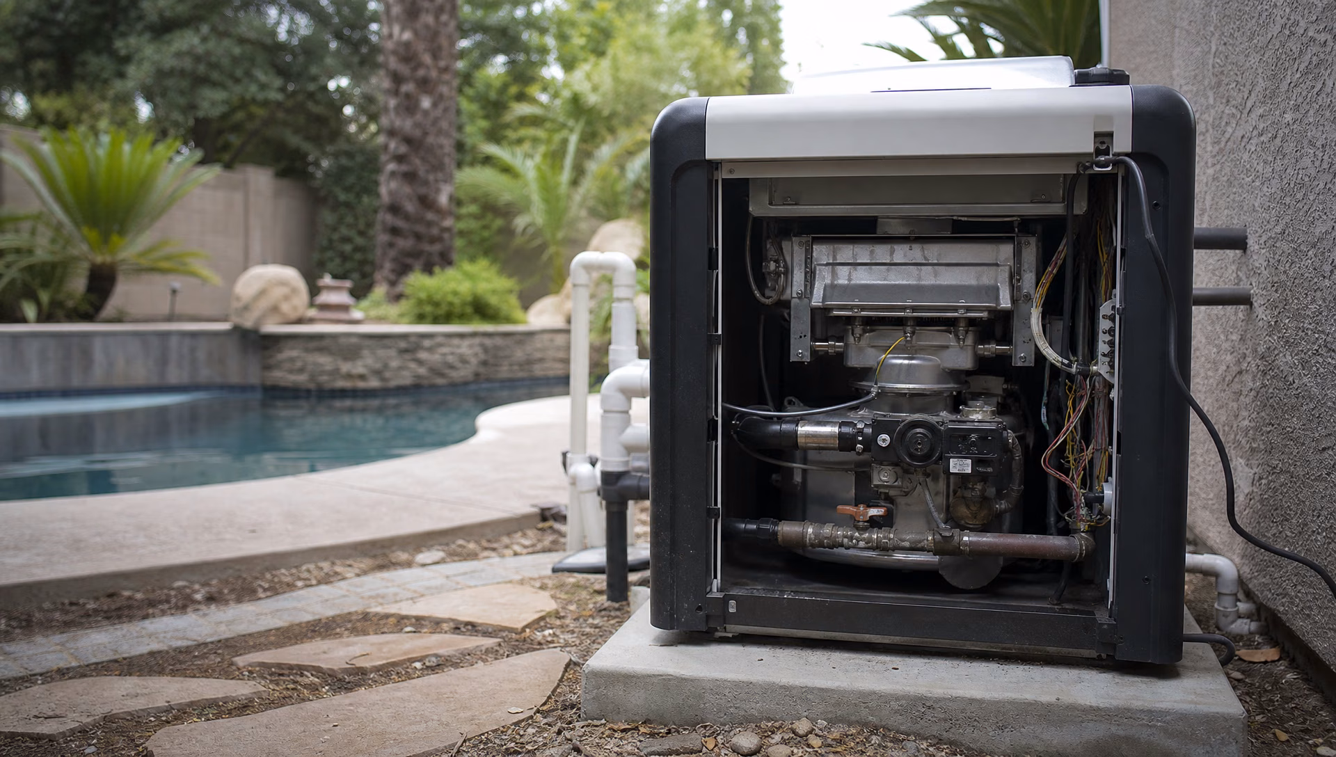A gas pool heater with its front panel off