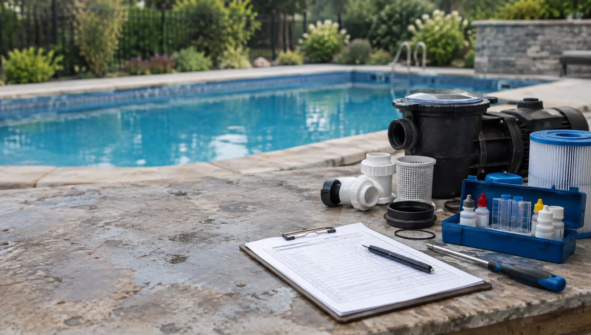 A workshop bench with pool parts, a service sheet and a drop-test kit laid out together