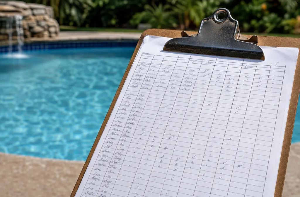 A pool service sheet filled in by hand