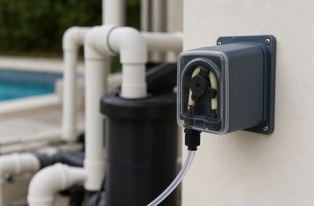 A chemical feed pump on a pool equipment pad