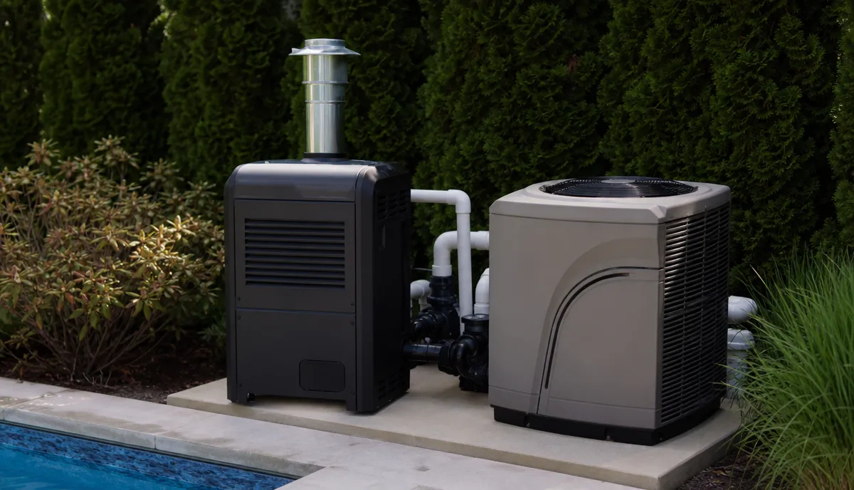 A gas heater and a heat pump side by side on one pad