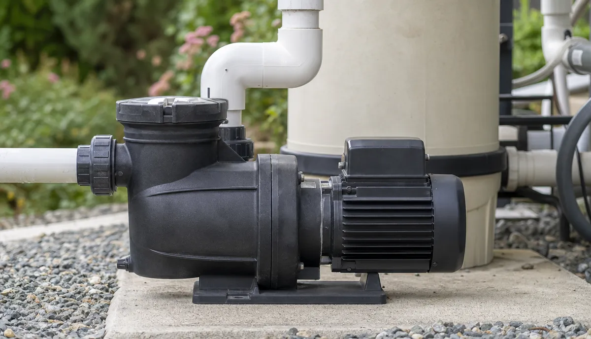A pool pump of the type we service, on its pad