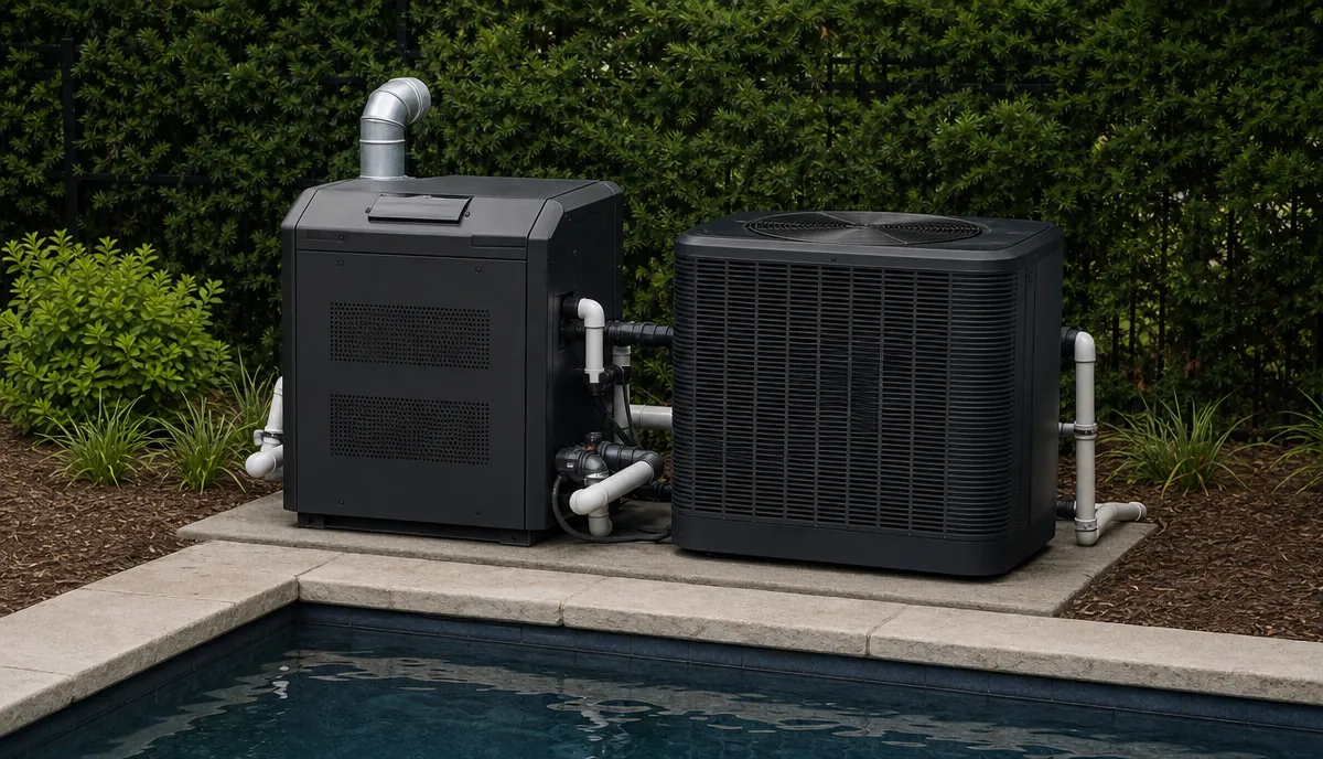 A gas heater and a heat pump sharing one pad, seen across the water