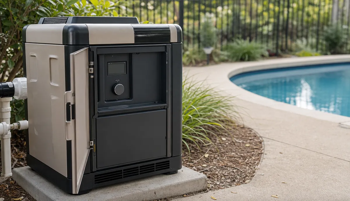 A pool heater on its pad with the control door open