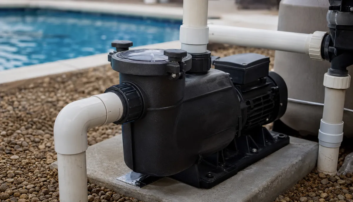 A pool pump wet end and motor assembly on a pad
