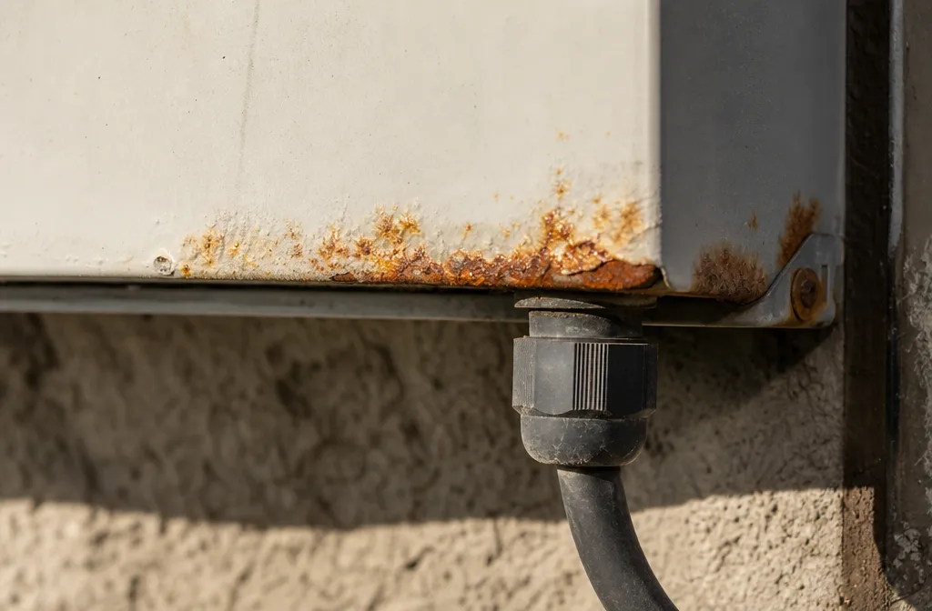 Corrosion at the base of an outdoor control enclosure
