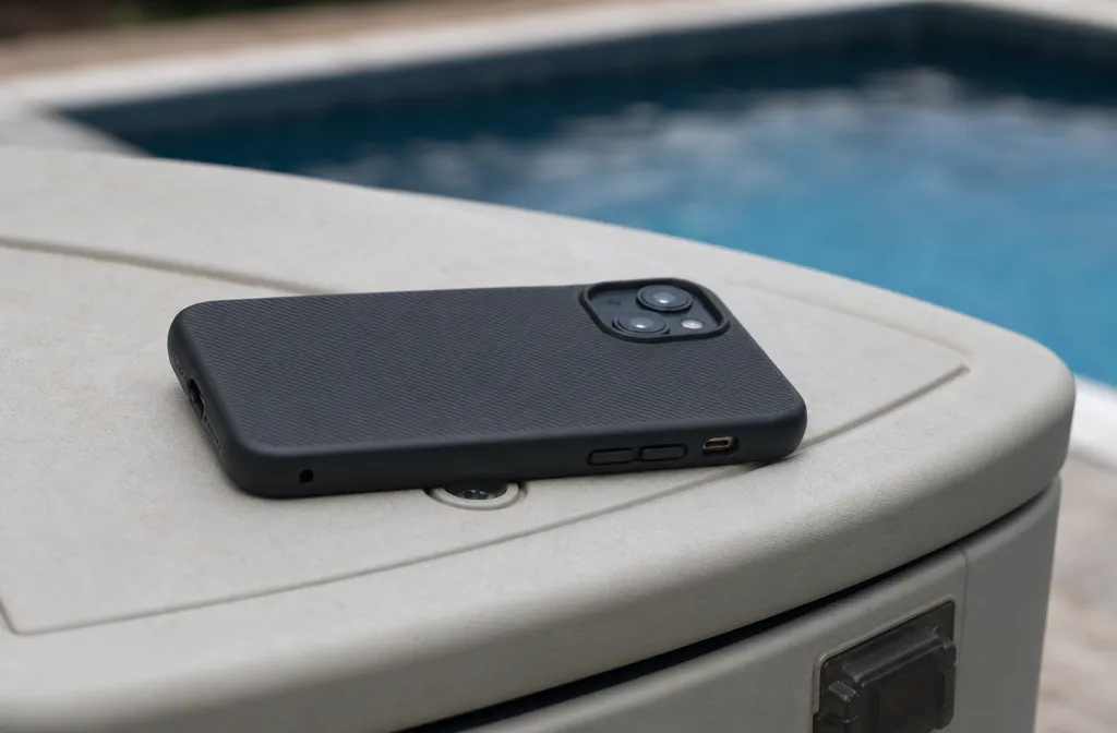 A phone resting on a pool controller enclosure
