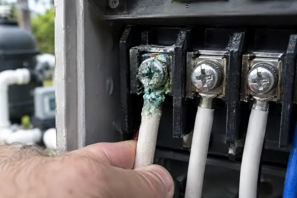 A corroded terminal inside a pool control enclosure