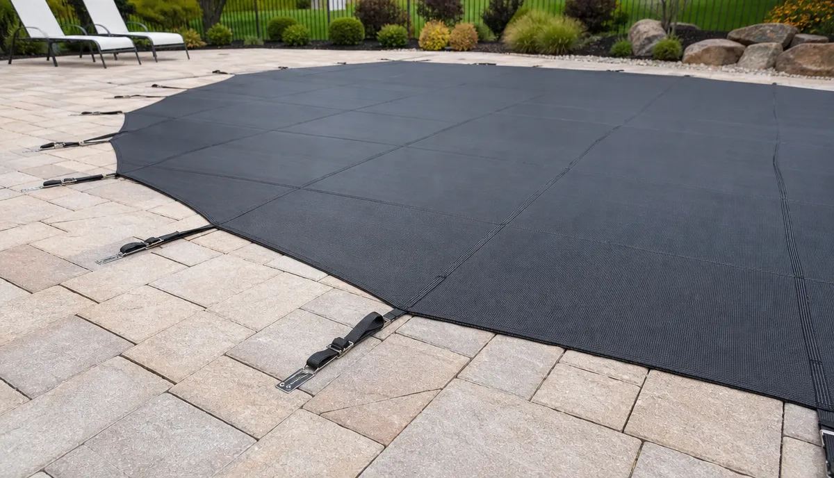 A custom safety cover fitted taut across an in-ground pool