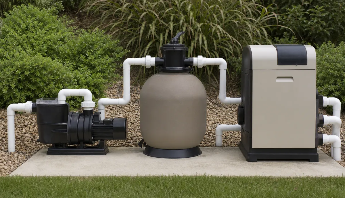 A pool equipment pad with pump, filter and heater