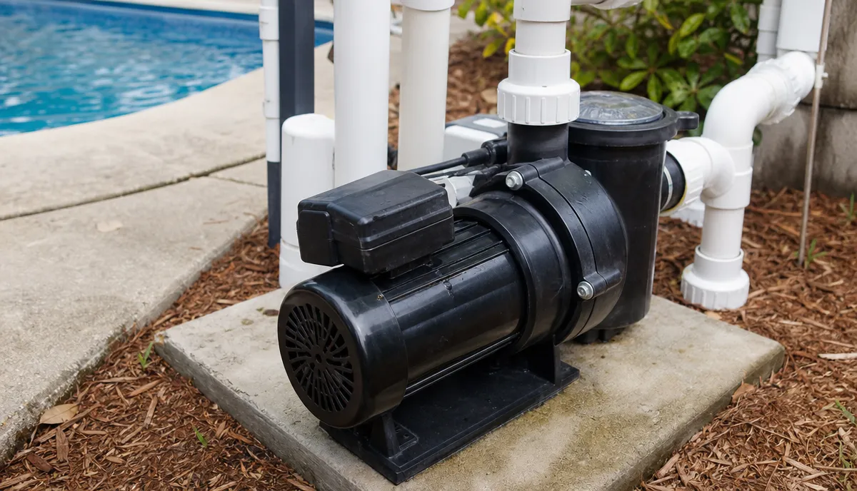 A pool pump on its pad, plumbing and unions visible
