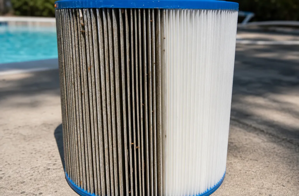 A dirty pool filter cartridge