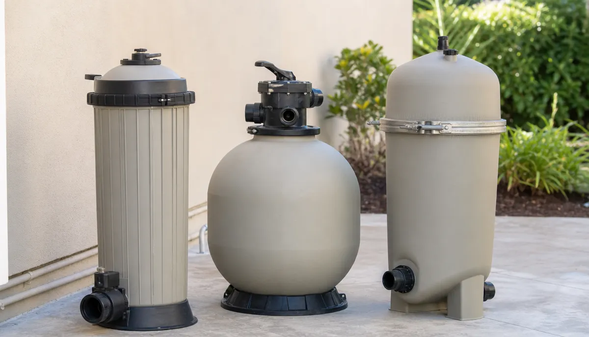 A cartridge filter, a sand filter and a DE filter side by side