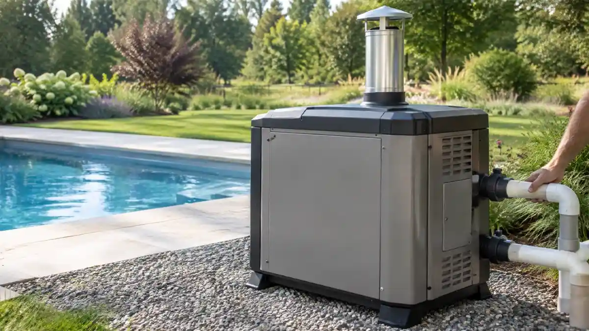 A pool heater sited with clearance around it
