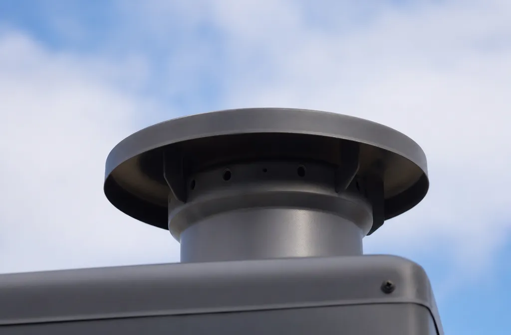 The flue terminal on top of a pool heater