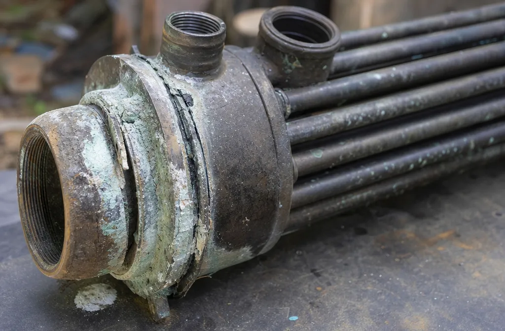 A failed heat exchanger removed from a pool heater