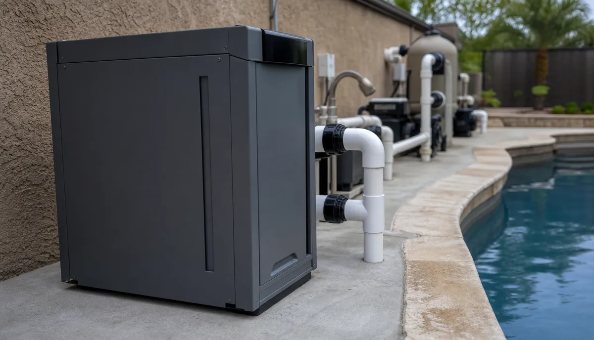 A newly installed pool heater on a re-plumbed pad