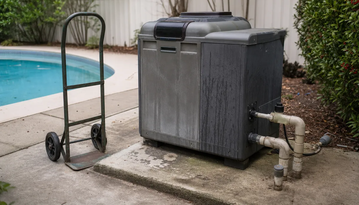 A disconnected pool heater ready to be lifted off the pad