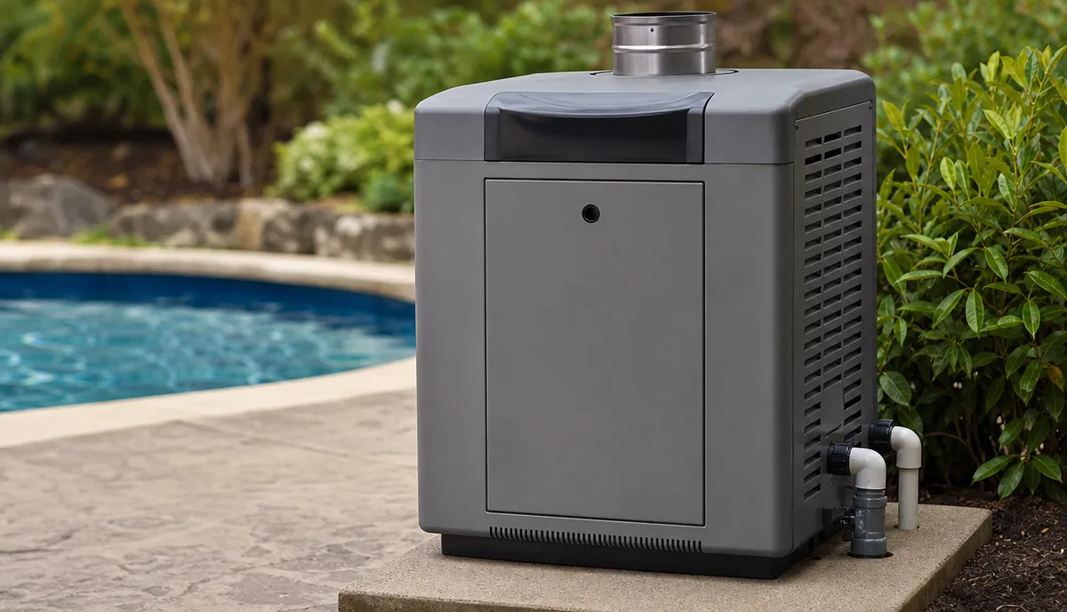 A gas-fired pool heater with its cabinet closed