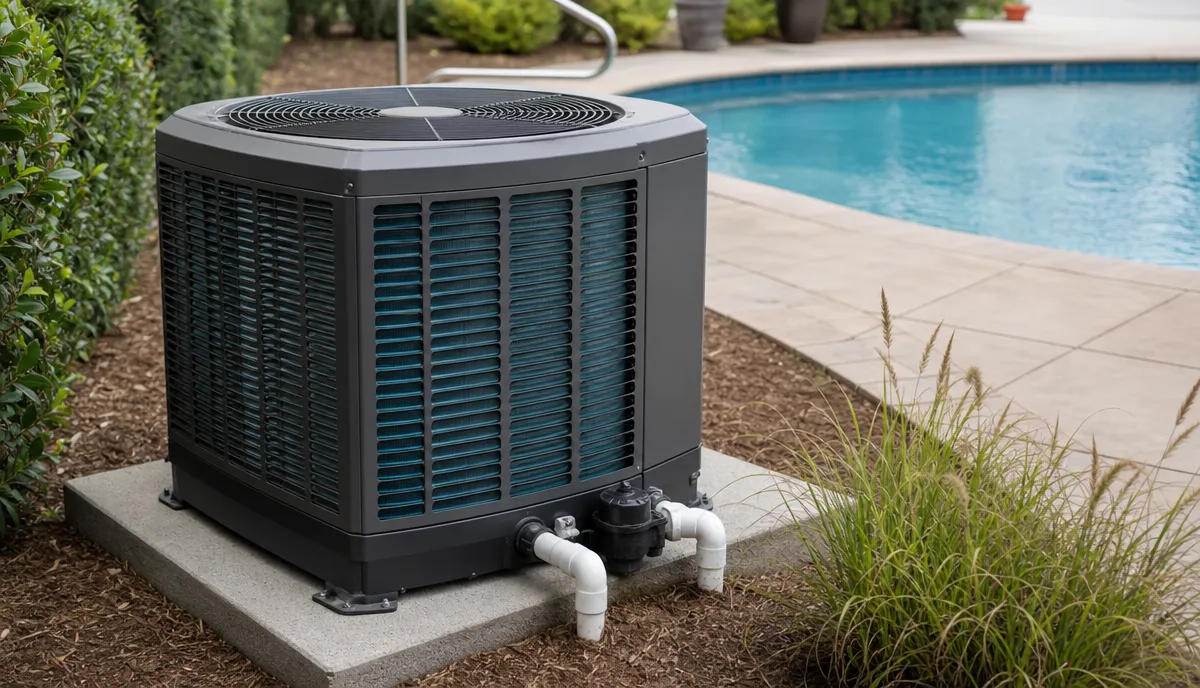 A pool heat pump with its top-mounted fan