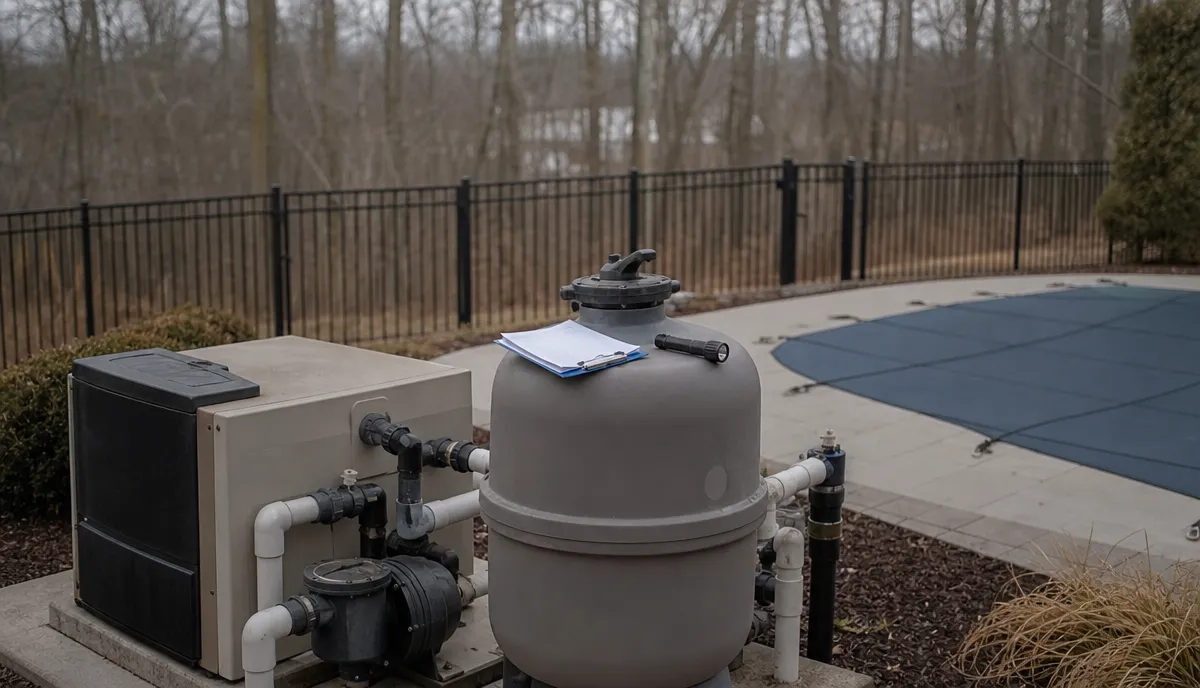 A pool equipment pad being inspected before the season