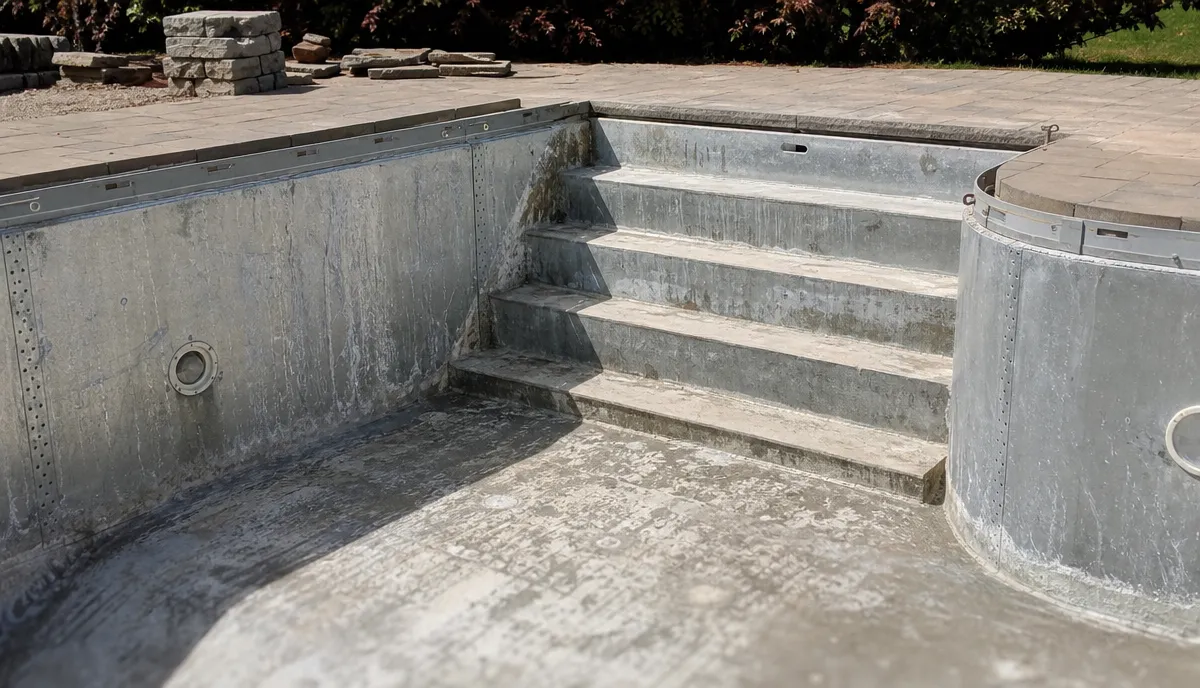 An empty in-ground pool shell with the old liner removed