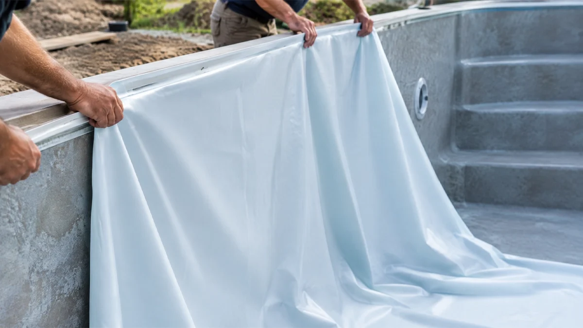 A new vinyl liner being fitted into an empty pool