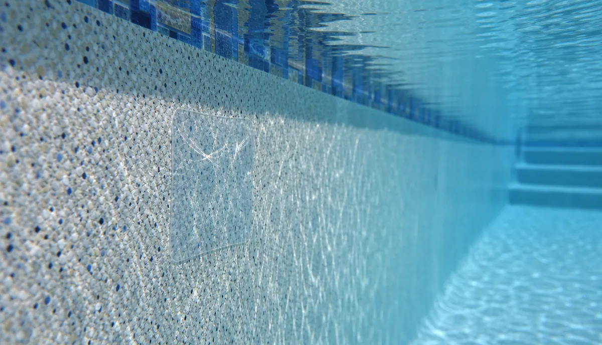 A vinyl liner patch being applied underwater