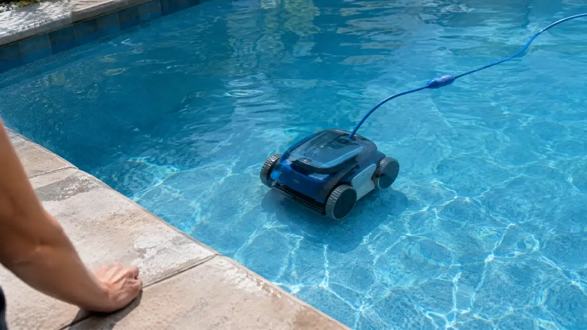 A robotic cleaner working on a pool floor