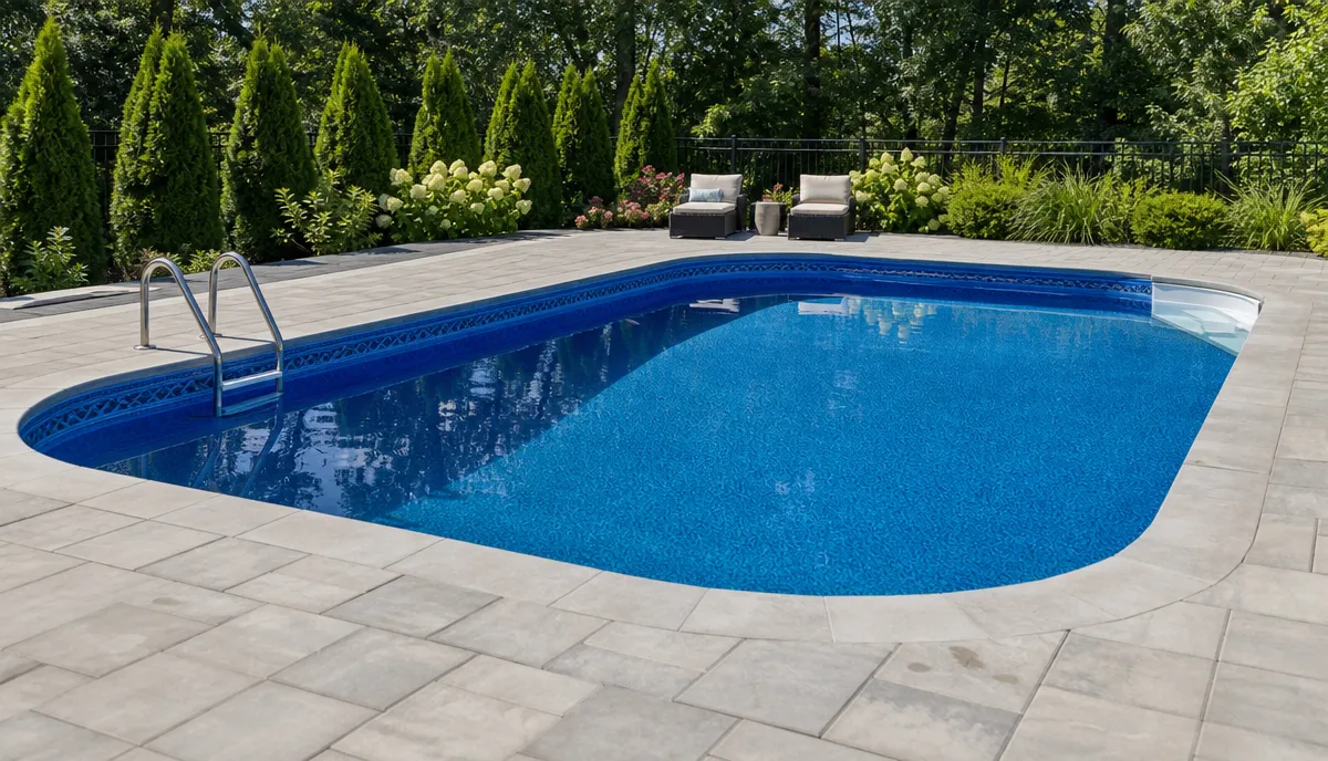 An in-ground pool with clear water and a visible floor