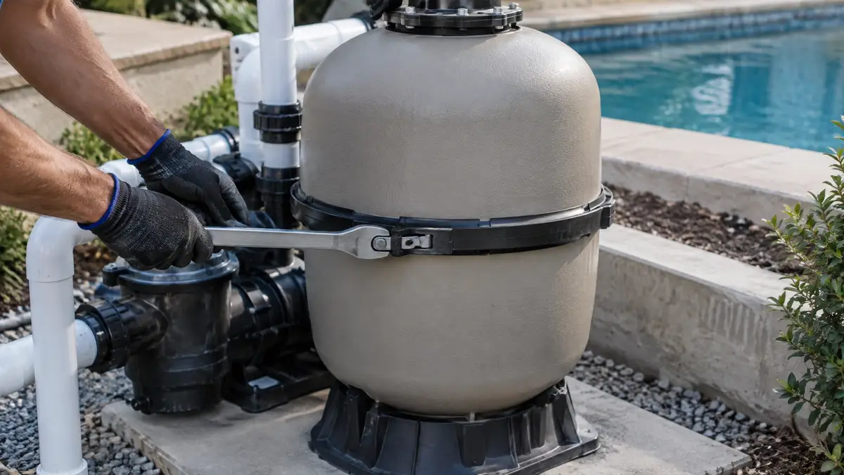 A pool filter being bolted back together