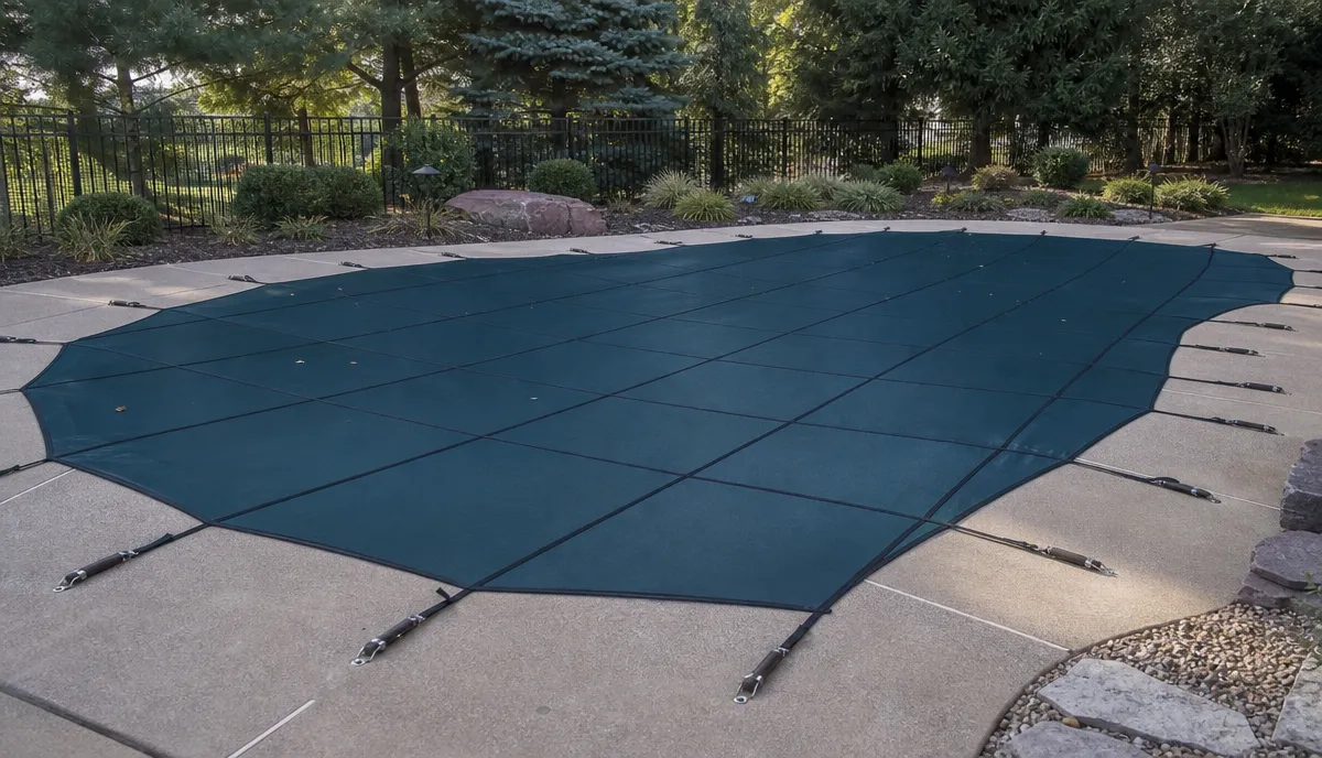 A custom safety cover fitted taut across an in-ground pool