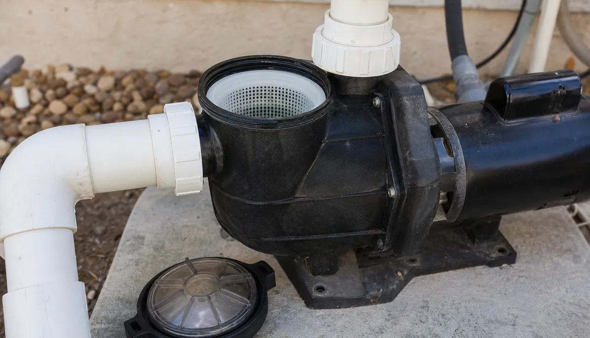 The wet end of a pool pump with the strainer pot lid removed