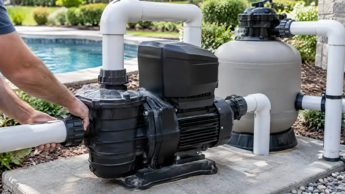 A variable-speed pool pump installed on an equipment pad