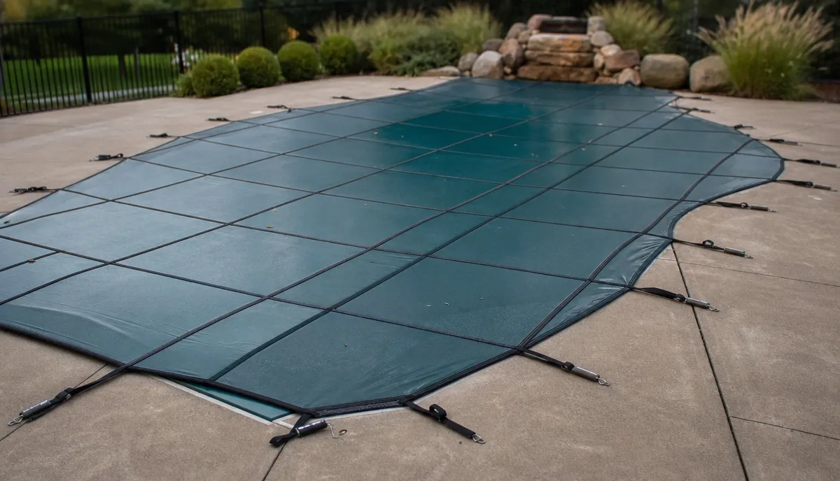 A mesh safety cover on an in-ground pool