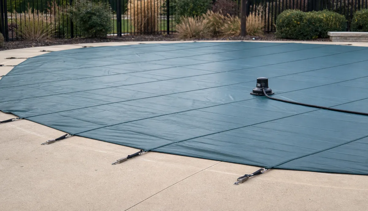 A solid safety cover on an in-ground pool