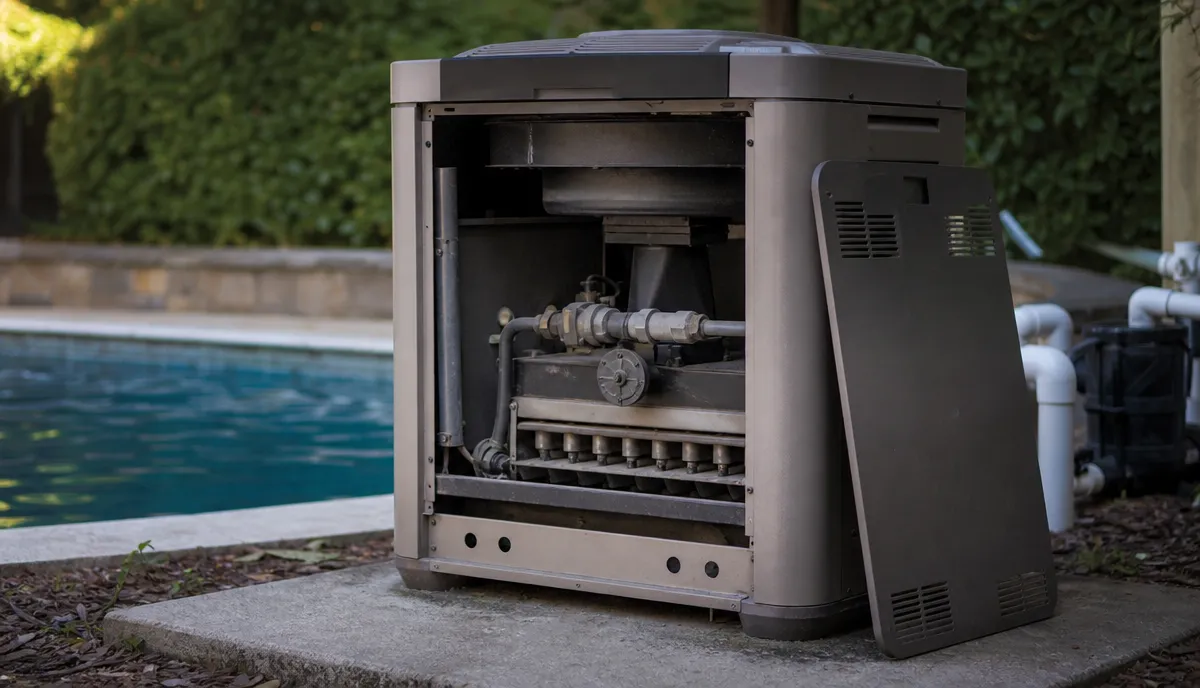 A gas pool heater with its access panel removed