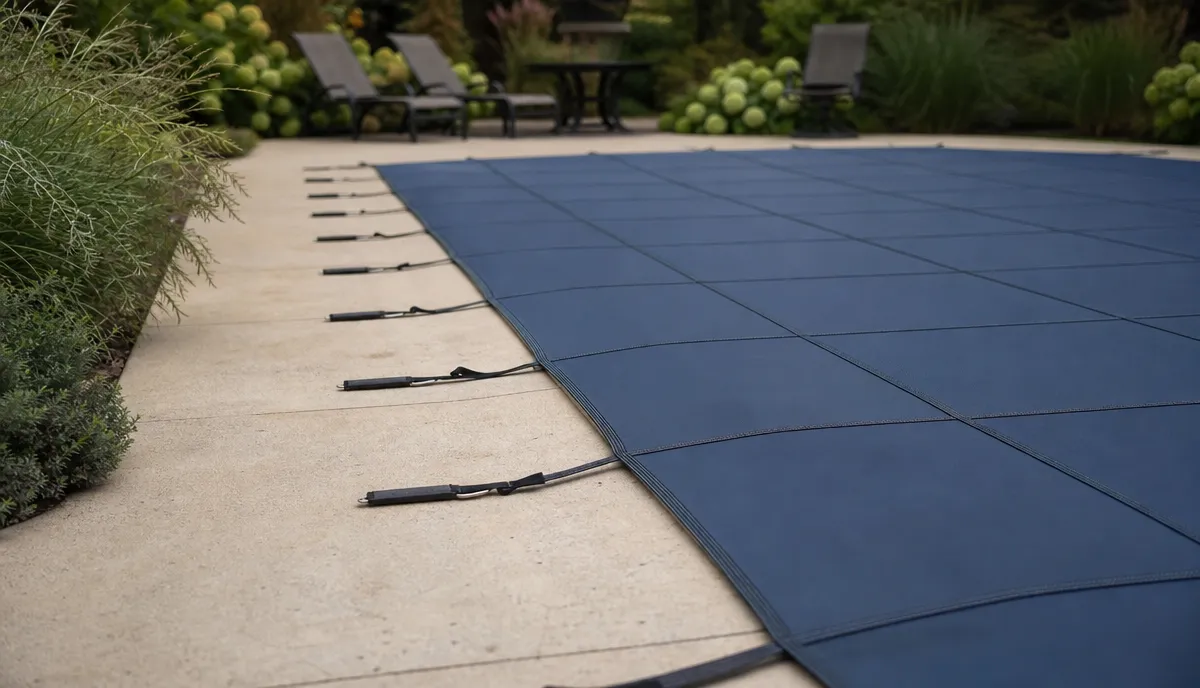 A safety cover anchored and tensioned around a pool perimeter