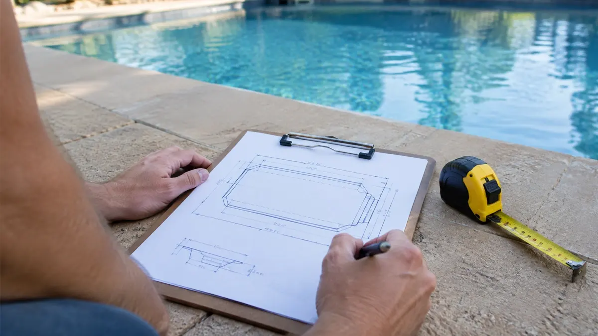 A measured sketch of a pool being marked up on site