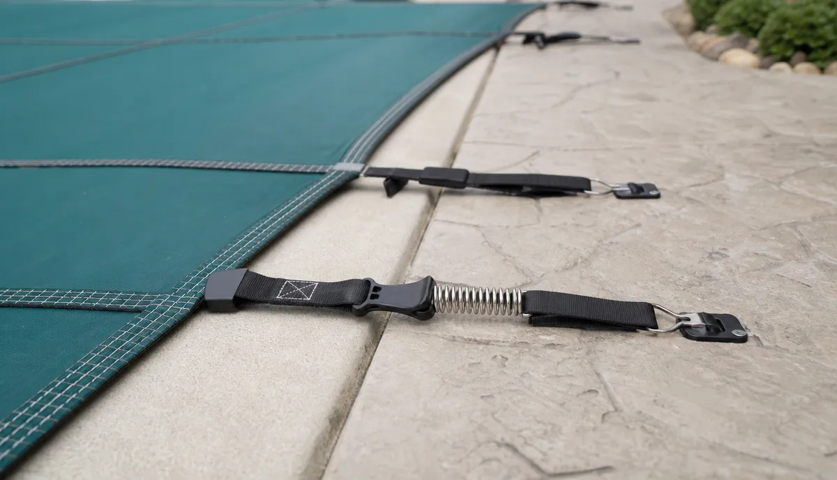 Strap tension being set on a fitted safety cover