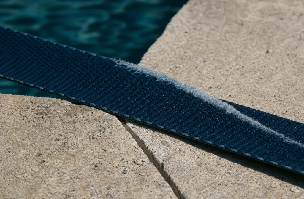 Wear on a pool cover strap where it crosses the coping