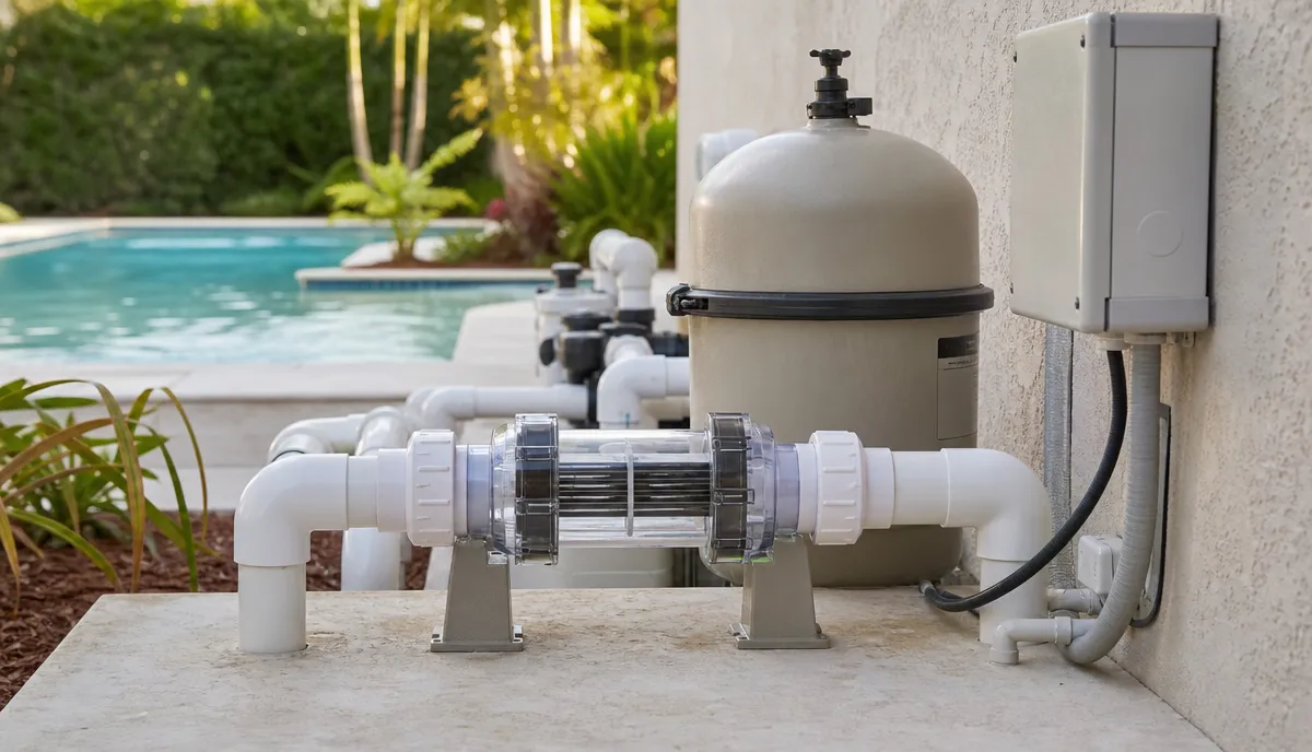 A salt chlorine generator cell in the plumbing