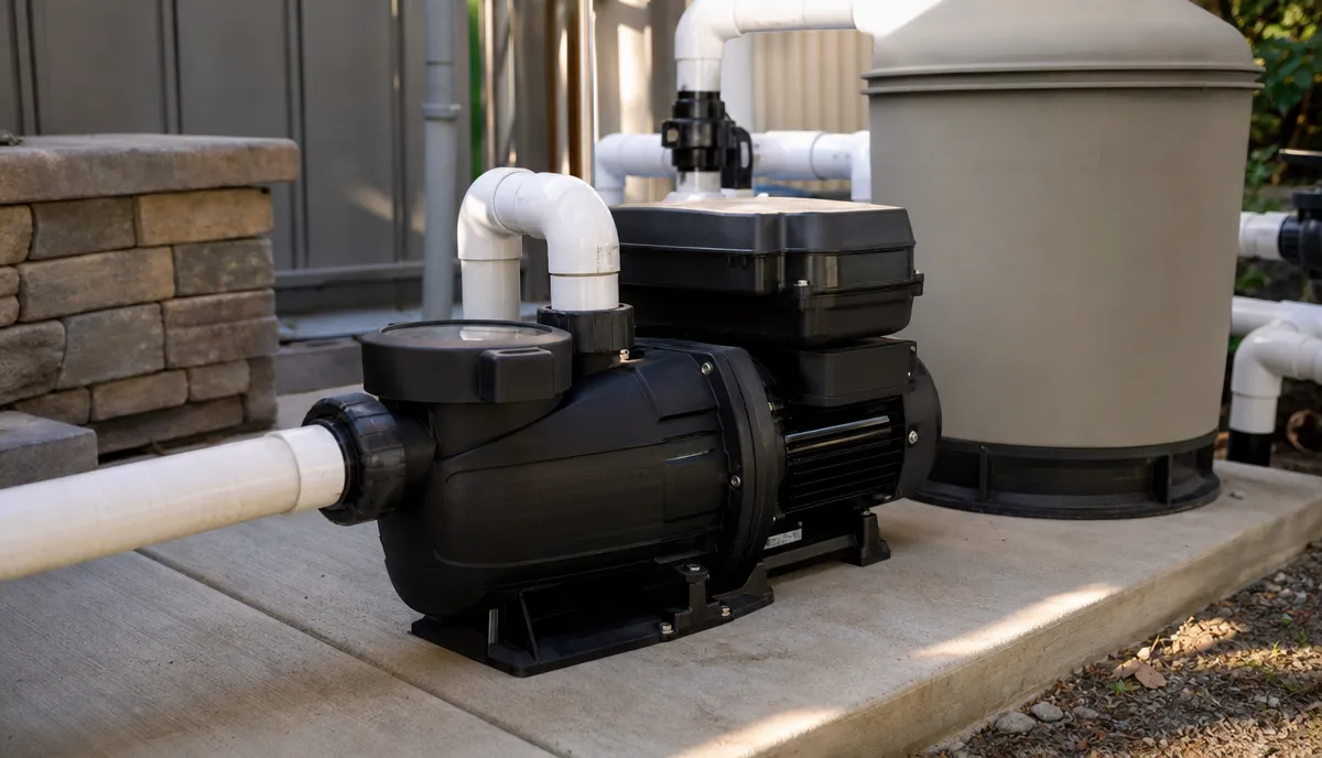 A variable-speed pool pump installed on an equipment pad