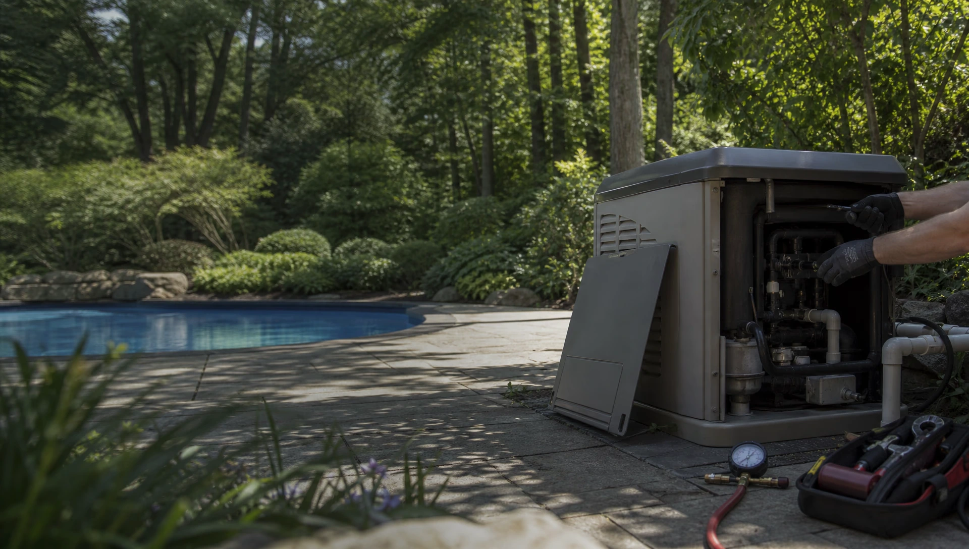 A pool heater with its side panel removed for diagnosis