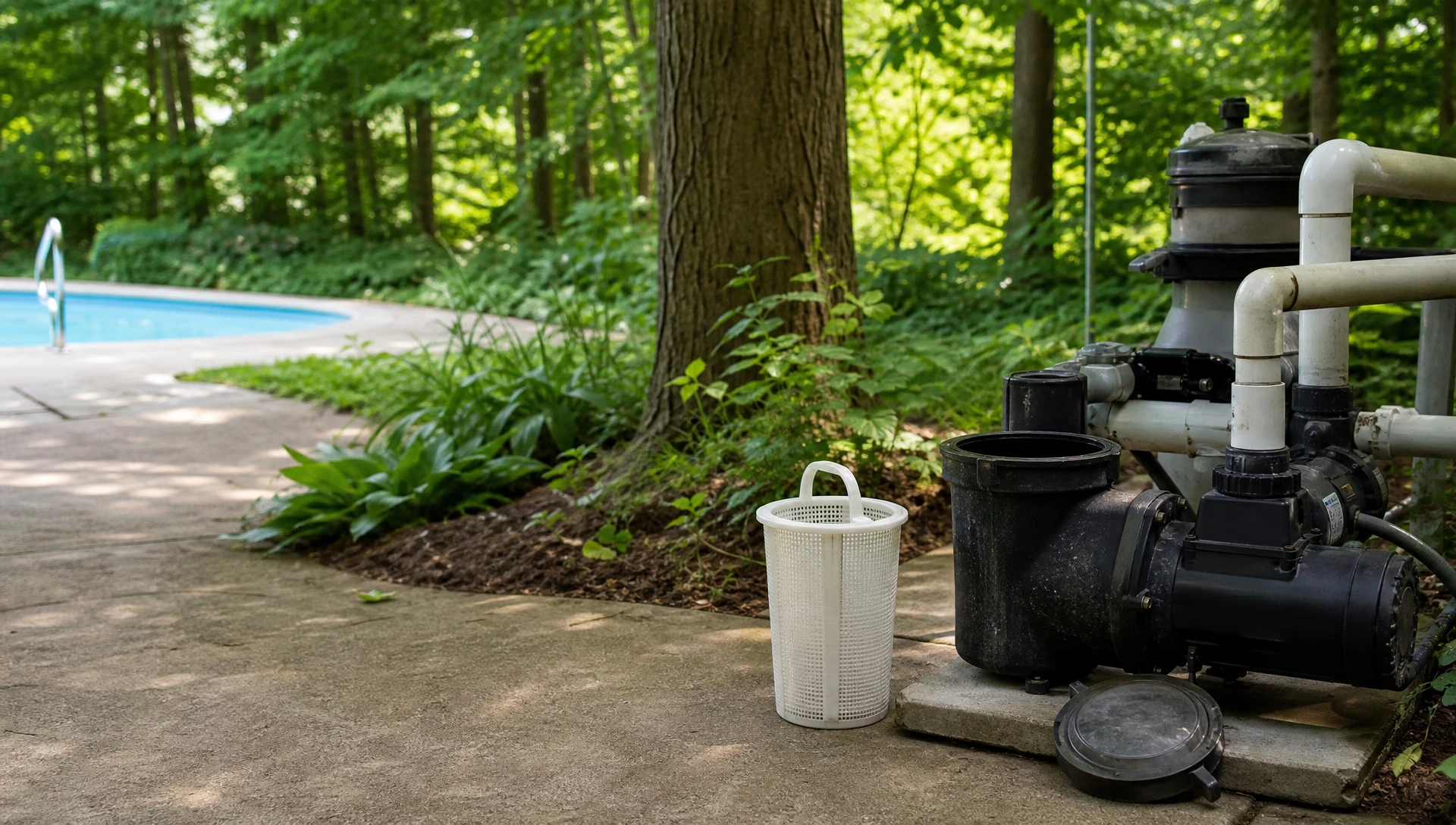 A pool pump with its strainer lid off and the basket lifted out