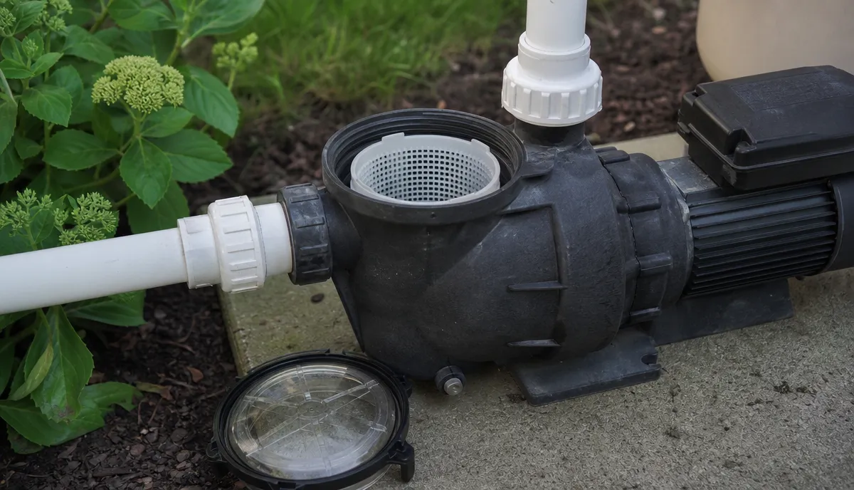 The wet end of a pool pump with the strainer pot lid removed