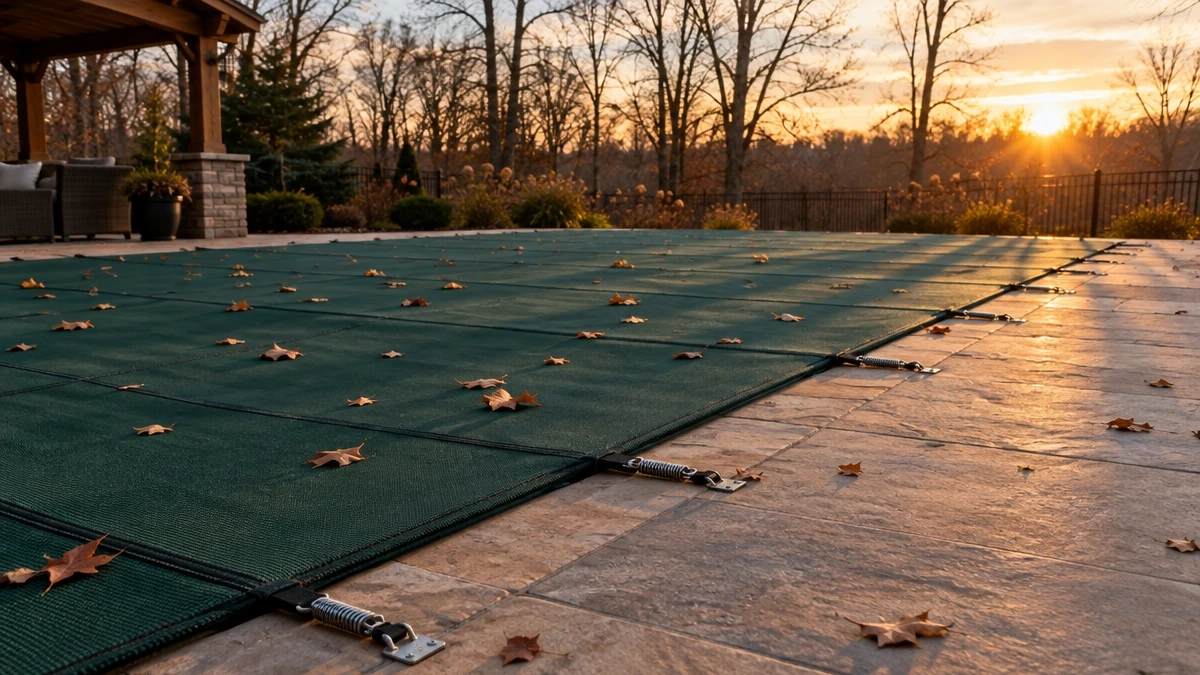 A safety cover anchored and tensioned around a pool perimeter
