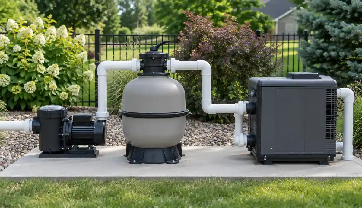 A pool equipment pad with pump, filter and heater